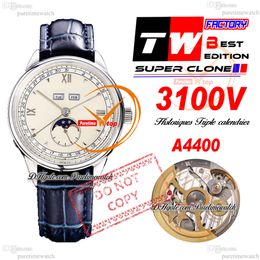 Historiques Triple calendrier 3100V A4400 Automatic Mens Watch TWF 40mm MoonPhase Steel Case Beige Dial Blue Leather Super Edition Puretime Reloj Hombre PTVC f2