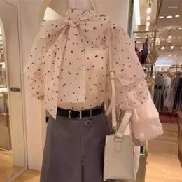 Women's Blouses Japanese Organza Fairy Lantern Sleeve Shirt Elegant Loose Simple Lace-up Bow Design Blouse Chiffon Top Women 2024 Spring