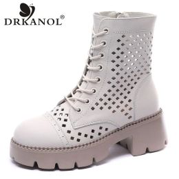 Boots DRKANOL Summer Women Ankle Boots 100% Genuine Leather Hollow Out Breathable Thick High Heel Boots Ladies Platform Shoes H22102F