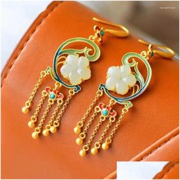 Dangle Chandelier Earrings Vintage Cloisonne Long Sterling Sier Gold-Plated Inlaid Hetian Jade Small Flower Gas Female Tassel Chinese Otu6T