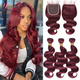 Closure Burgundy Human Hair Bundles With Closure 99j Body Wave Bundles With Lace Closure Brazilian Red Body Wavy Hair With 4 x4 Closure