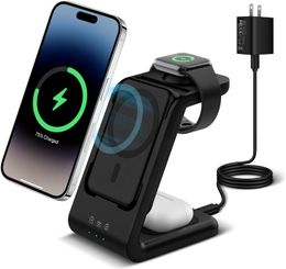 WENATURE 3 in 1 Wireless Charging Station, Fast Charger Stand Compatible for iPhone/Apple Watch/Airpods, 5000mAh Mag-Safe Battery Pack USB C Power Bank for 15 14 13 12