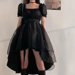 Casual Dresses Harajuku Black Tulle Puff Sleeves Dress Woman French Slim Fit Square Collar Asymmetrical Female Summer Party Belt