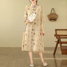 Party Dresses Chinese Style Vintage Print Long Dress Women Arrival 2024 Summer Half Sleeve Cotton Linen Female A-line Casual B3297