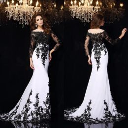 Black And White Mermaid Evening Dresses Long Sleeve Lace Appliques Plus Size Prom Gowns Special Occasion Dress robes de