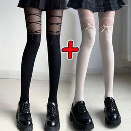 Women Socks 1/2pairs Japanese Y2K Bowknot Strap Lolita Girls Long Tights Black White Pantyhose Sexy Lingeries Woman Stocking