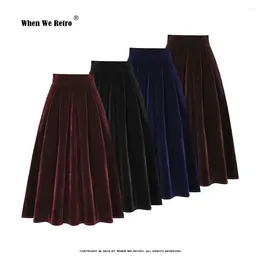 Skirts Korean Solid Color Velvet High Waist Women's Autumn Winter Pockets Side A Line Pleated Jupe Faldas SS0032