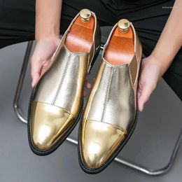 Casual Shoes Loafers Men's Leather Gold Pointed Toe Business British Slip-on Dance Banquet Dress Wedding
