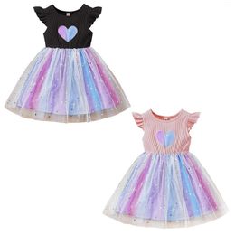 Girl Dresses One-peice Toddler Baby Girls Cotton Shiny Sequins Dress Flying Sleeve Rib Knitted Tulle Birthday Party