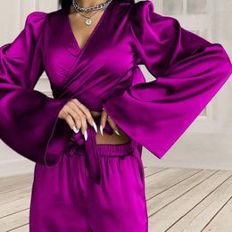 Women's Two Piece Pants Autumn Solid Color Long-sleeved Top Straight Trousers Casual Suit Two-piece Set