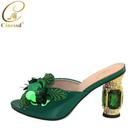 Pumps Latest Green Color African Pumps Shoe Summer High Heels Italy Women Wedding Shoes Rhinestone Elegant Women Summer Slipper Shoes