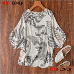 Womens Blouses Shirts Women Silk Blouse Mberry Crepe 20 Momme White Black Stripted Printed Plover Top Shirt Office Lady Work M1091 Dro Otyxe