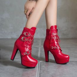 Boots White Red Yellow Women Ankle Boots Platform Lace Up High Heels Short Boot Female Buckle Autumn Winter Sexy Men Shoes Large Size