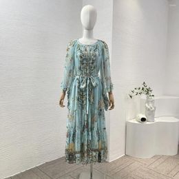 Casual Dresses Silk High Quality 2024 Blue Floral Print Beading Long Sleeve Women Self Bow Tie Waist Pullover Loose Midi Dress
