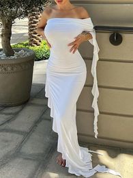 Casual Dresses Women Elegant Long Sleeve One Shoulder Dress Bodycon Ruffle Cocktail Solid Color Party Club Street Style S M L