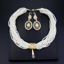 Necklaces Sunspicems Morocco Crystal Bead Necklace Multilayer Pearl Choker Necklace Earring Gold Colour Arabic Bride Wedding Jewellery Sets