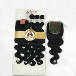 Pack Animal Mixed Synthetic Hair Bundles with 4*4 Lace Closure Straight Packet Hair Weaves,Adorable Natural Hair Blend Body Wave 3+1