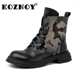 Boots Koznoy For Women 4cm Ankle Platform Wedge Booties Moccasins Cowgirl Flats Fashion Autumn Spring Genuine Leather ZIP Shoes