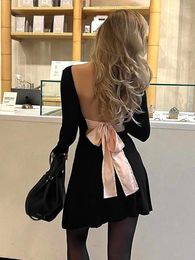 Casual Dresses Women Sweet Summer Mini Evening Dress Black Long Sleeve Open Back Lovely Pink Bow Tie Up Party
