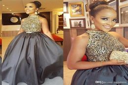 New Gray Long Prom Dresses High Neck Sequined Beaded A Line Taffeta African Black Girl Evening Party Formal Dress Groom Mother039078156