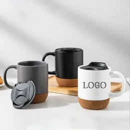 Mugs Custom Logo Nordic Matte Grey White Black Glaze Cork Base Ceramic Coffee Mug With Wooden Insulated Bottom And Plastic Lid