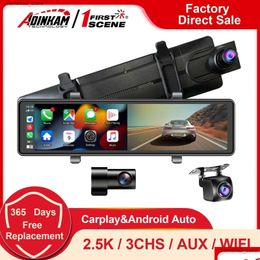 Car Dvr Car Dvrs Dvr Adinkam 12 Inch 3 Chs 2.5K Dashcam Apple Carplay Android Support Aux Portable Rearview Mirror Camera Built In Wif Othfo