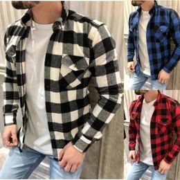 Men's Casual Shirts Autumn Plaid Flannel Shirt Men Long-Sleeved Chest Two Pocket Design Fashion Printed-Turn-down Collar Button