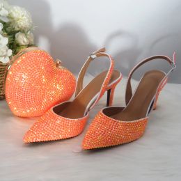 Boots 2021 New Arrival Heart Bag Orange AB Pointed Toe Wedding Shoes and bag Woman High Thin Heel Party Dress Shoes Slingbacks Pumps