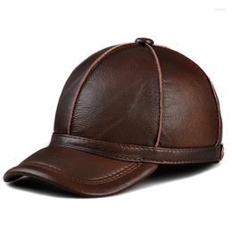 Ball Caps Winter Top Quality Head Layer Cowhide Hat Men Casual Baseball Cap Ear Protect Warm Real Leather Peaked Adjustable