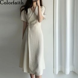 Remover Colorfaith New 2021 Women Summer Dresses Vneck Lace Up High Waist Vintage Elegant Korean Style Pure Lady Long Dresses Dr3135a