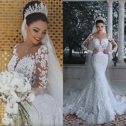 2024 Vintage Mermaid Scoop Wedding Dresses Long Sleeves Applique Lace up Bridal Wedding Gowns Bride Dress