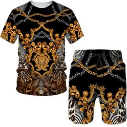 Summer 3D Printed Tshirt Shorts 2Piece Casual Luxury Retro Gold Pattern Mens Sports Suit Fashionable 2023 Street Wear 240315