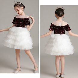 Lovely Wine/Ivory Sequins/Tulle Layers Jewel Short Flower Girl Dresses Girl's Pageant Dresses Girls Birthday/Party Skirt Girl Everyday dress Custom SZ 2-12 D321073