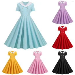 Casual Dresses Summer Retro Pleated Dress For Women V Neck Short Sleeved Solid Double Breasted Swing Spring Elegant Female Vestidos