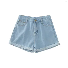 Women's Shorts Women Y2K Denim Solid Colour Rolled Up High Stretch Wide Leg Korean Pockets Casual Jeans Summer Blue Palazzo