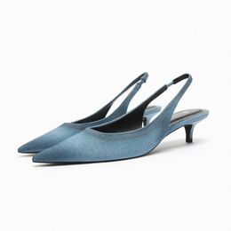 Women Pumps Summer Blue Denim Fabric High Heels Female Kitten Heels Pointed Heeled Sandals Slingback Party Single Shoes 240318
