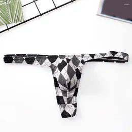 Underpants Men Plaid Printed T Back Sexy U Convex Pouch Thong Briefs Comfortable Breathable Panties Low Rise Bikini Underwear