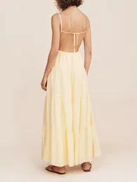Casual Dresses Women S Elegant V-Neck Sleeveless Maxi Dress Solid Colour Ruffled Backless Spaghetti Strap Summer