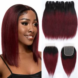 Wigs Wigs 1B99J Human Hair Bundles with Closure Remy Hair Straight Burgundy 3 Bundles with 1 Closure Hair for Women Mixed Colour