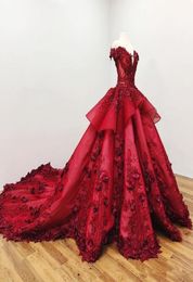 Dark Red Off Shoulder Ball Gown Quinceanera Dresses 3D Floral Appliques Sweep Train Prom Evening Formal Party Gown6496491