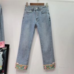 Women's Jeans Chinese Style Machine Embroidery Bead Stitching High Waist Denim Pants For Women 2024 Spring Straight-Leg