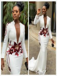 White Mermaid Sexy 2019 African Evening Dresses High Neck Long Sleeves Appliques Prom Dresses Deep Vneck Formal Party Gown4032572