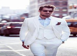 Whole White Grooms Tuxedos Beach Wedding Suits For Men Slim Fit Men Linen Suits Three Piece Groomsmen Suit JacketPantsVest3363413