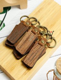 Fathers Day GiftKeychain Charms Straps Wooden Leather Laser Engraved Keychains Metal key ring Wood Blank key Chain Christmas Than1556865