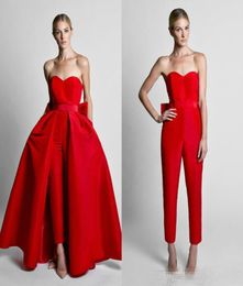 Krikor Jabotian Red Women Jumpsuits 2019 Prom Dresses Sweetheart Satin Bow Sash Evening Gowns With Detachable Train Long Part Dres6408819