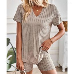 Women's Tracksuits Knitted Elegant Two Piece Set For Women Sexy V-neck Short Sleeve Tees Bodycon Legging Shorts Suit 2024 Matching Sets