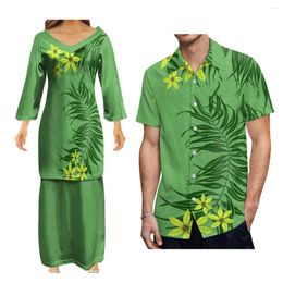 Party Dresses Couple Set Hawaiian Polynesian Tribe Sublimated Print V-Neck Puletasi Dress 2 Pieces With Men'S Aloha Shirt