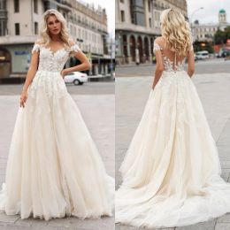 Bohemain A Line Wedding Dresses Sheer Jewel Neck Lace Appliques Wedding Dress Backless Sweep Train Bridal Gowns robes de