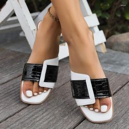 Sandals Female Shoes Square Toe Womens Slippers Outdoor Loafers Slides Low Summer Soft Flat Rubber Casual Rome Hoof Heels Fabric PU