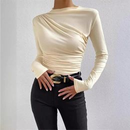 Women's Blouses 2024 Spring Solid Color Slim Bottoming Shirt With Pleated Design Sense Long-sleeved T-shirt Tops